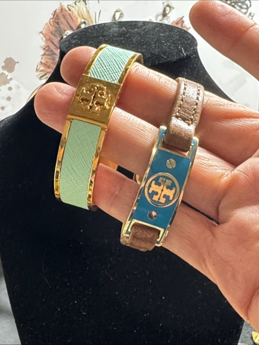 Tory Burch Mint and Blue Logo Bangle Set with Gold Hardware
